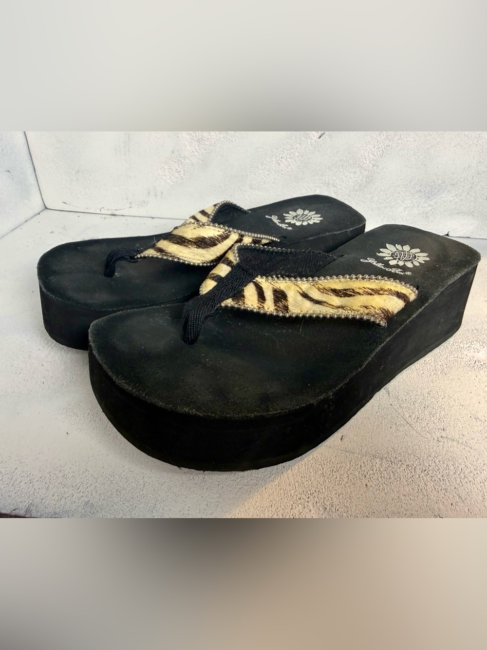 Yellow Box Black Platform Flip Flops with Tiger-Print Straps